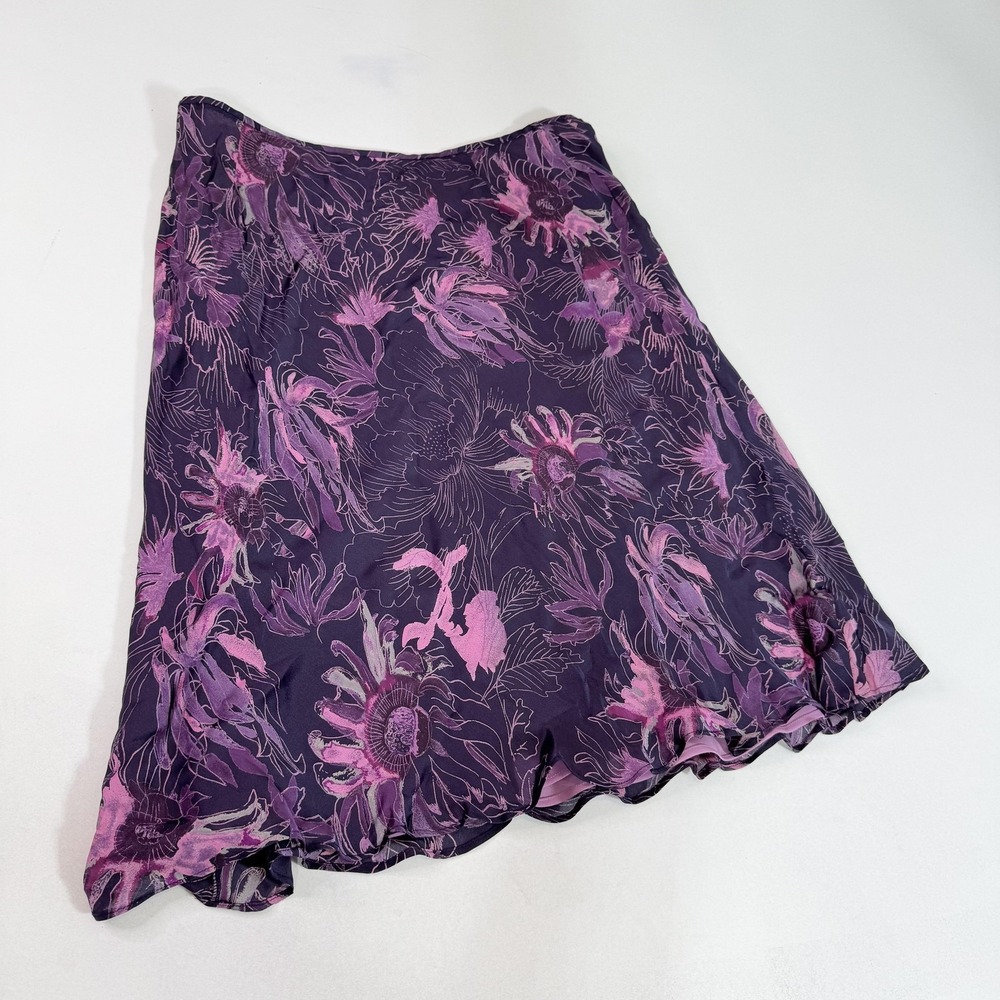 Ann Taylor Skirt Womens 10 Purple Pink Floral Silk Lined Fairy Ruffle Elegant - Picture 7 of 8